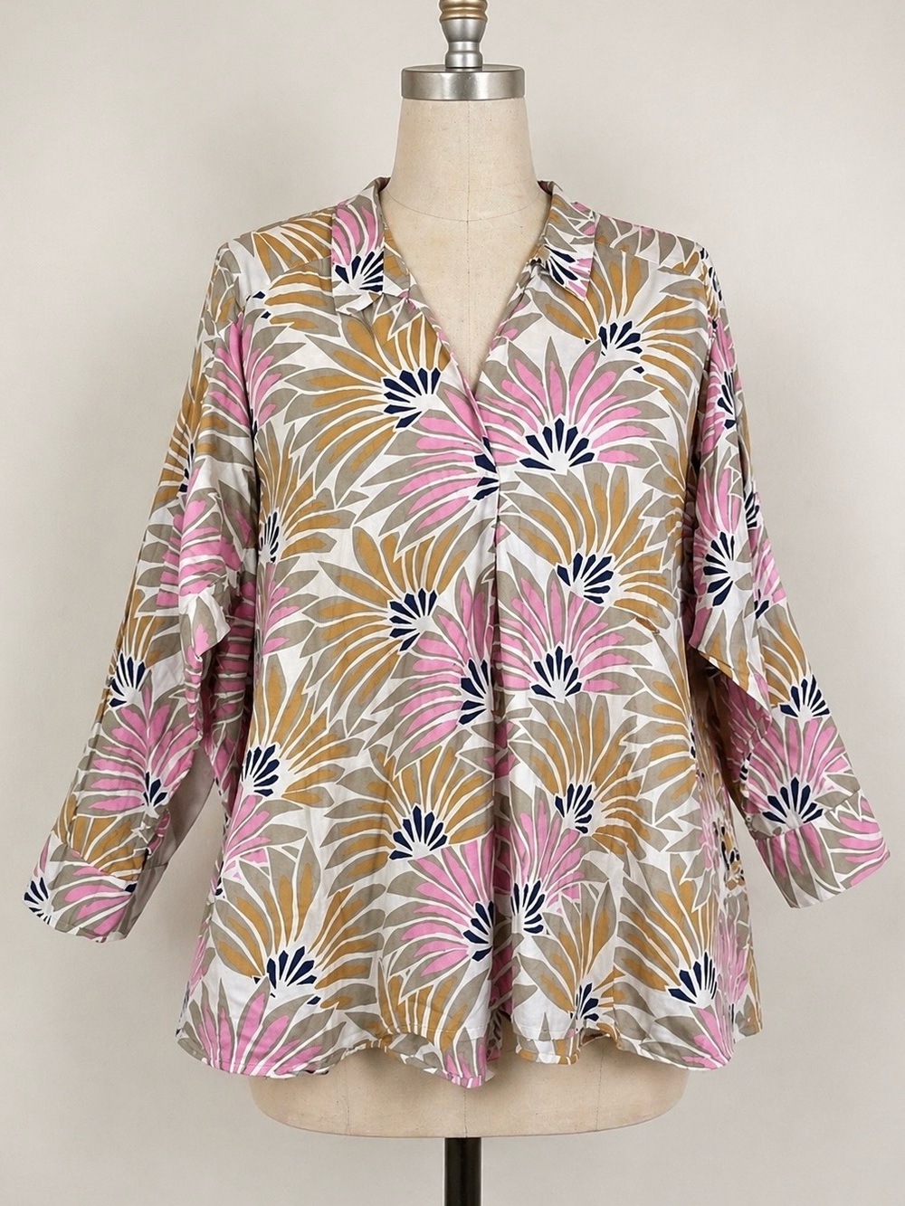 Tropical Fan Print Tunic 3X Cotton Pullover Blouse Boho Resort Vacation Spring - Picture 1 of 12